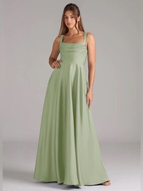 NWT Azazie Shaude Dusty Sage A-Line Pleated Stretch Satin Dress